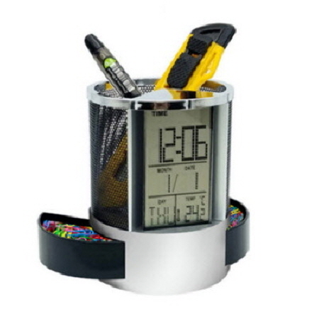 블랙 원형 다기능 디지털 펜꽂이 탁상시계