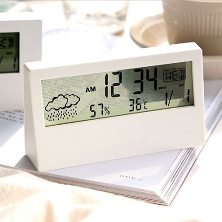 화이트 디지털 LCD 탁상용 시계 온습도계 다기능