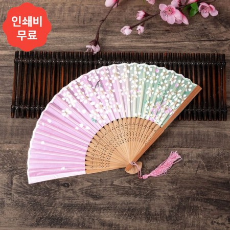 핑크 그린 꽃무늬 대나무 접이식 여성용 부채