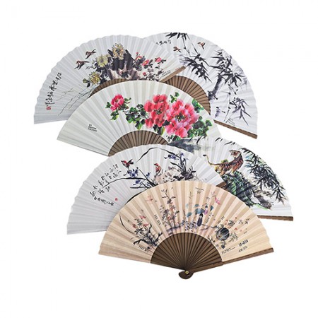 화이트 대나무 전통 꽃그림 접이식 휴대용 부채
