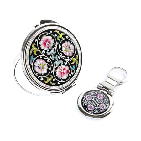 실버 나전칠기 화이트 접이식 휴대용 손거울 자개장식 원형 미니거울