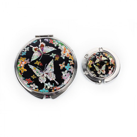 나비 패턴 휴대용 원형 손거울 접이식 화장 미러 세트