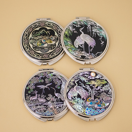 실버 휴대용 나전 자개 접이식 원형 손거울