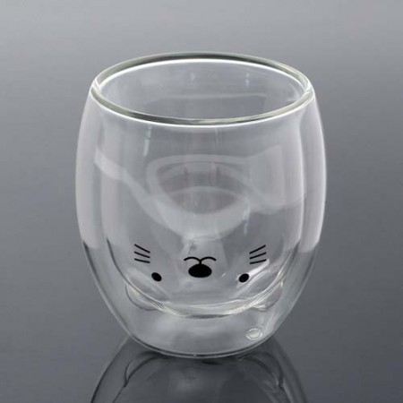 이중벽 유리 고양이 얼굴 내열 투명 디자인 머그컵