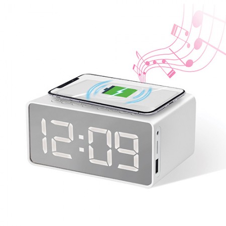 개업판촉물 화이트 15W 무선충전 알람 시계 블루투스 스피커 대표이미지