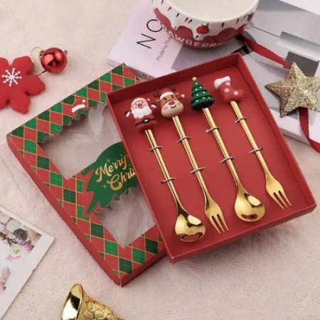 골드 산타 캐릭터 디자인 스푼 포크 선물세트