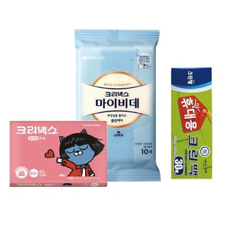 카카오프렌즈 크리넥스 휴대용 티슈 마이비데 물티슈 크린랩 3종 위생백 여행용세트 홍보물품제작 카카오프렌즈 크리넥스 휴대용 티슈 마이비데 물티슈 크린랩 3종 위생백 여행용세트 홍보물품제작